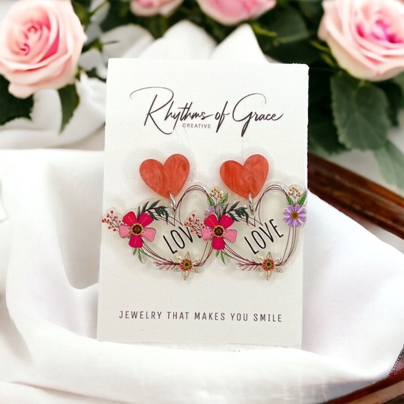 Jewelry - Floral Love Affair – Whimsical Heart Earrings with Flowers & Script (NWT)